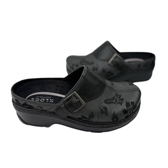 *Klogs Footwear Austin Comfort Clogs Womens 8W Black Leather Embroidered Floral - Picture 5 of 13